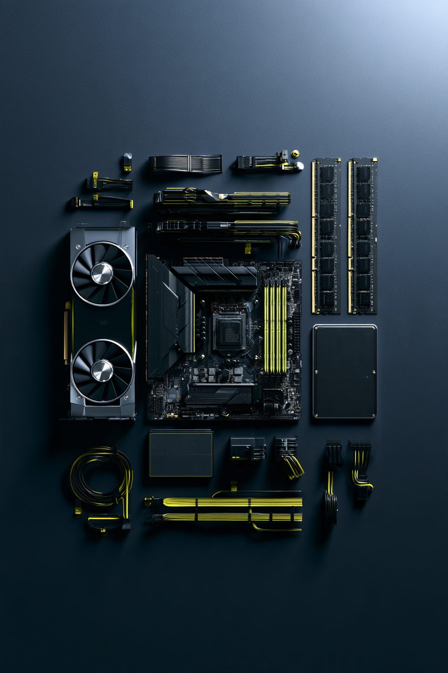 Composants d'un PC disposés avant montage : carte graphique, carte mère, barrettes de mémoire, SSD et câbles